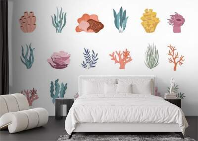 Trendy coral reef and plants vector set. Underwater ocean flora flat icons. Aquarium algae, laminaria, kelp water life isolated on white background. Wall mural