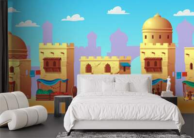 Panorama of ancient arab city with houses and the Arab market. Vector illustration in cartoon style. Wall mural