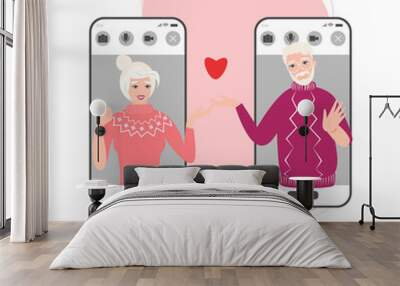 A concept of Valentine's day online date. Vector illustration of elderly couple together via smartphone mobile app. Internet dating application. Long distance lockdown romantic seniors relationship. Wall mural