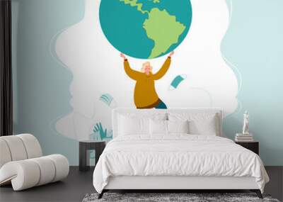 Young woman saves the planet from pollution by standing on a pile of garbage and holding the planet in her hands, Vector illustration save the planet, Earth Day concept Wall mural