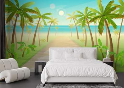 Road with car over the tropical island with palm trees to the ocean. Vector illustration of tropical island in cartoon style.  Wall mural