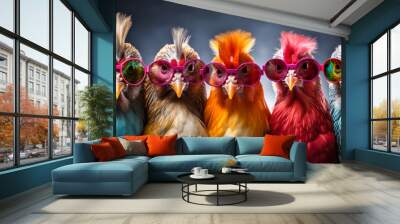 Roosters and chickens colored in sunglasses. 3D rendering of a group of birds in sunglasses isolated on black background. Funny roosters in glasses.  Wall mural