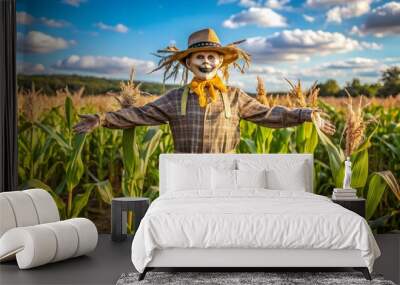 Scarecrow standing tall in the field under a clear blue sky. Traditional agricultural field guard, handmade fall decoration symbolizing harvest season and rural farm life. Wall mural