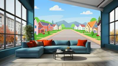 Suburban houses, street with cottages with garages. A street of houses with green trees and a road in perspective. Village. Vector illustration in cartoon style. Wall mural