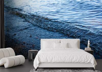 The surf of a dark blue wave with foam near the shore in a storm Wall mural