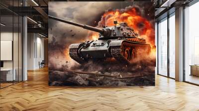 War Concept. Military silhouettes, fighting scene on war fog, Attack scene. Armored vehicles. Tanks battle. Tanks in the fire. Military silhouettes, Tanks destroyed by war. Wall mural