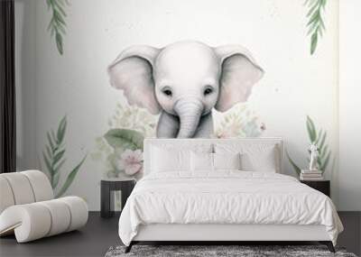 Watercolor illustration of a cute baby elephant with flowers and leaves. cute baby elephant in a floral wreath. elephant with leaves and flowers on a white background Wall mural