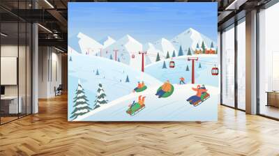 Winter landscape with ski lift, mountains, people sledding, skiing. Ski resort. Vector flat illustration. Wall mural