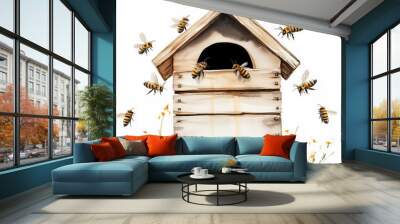 Wooden beehive with bees. Watercolor painting isolated on white background Wall mural