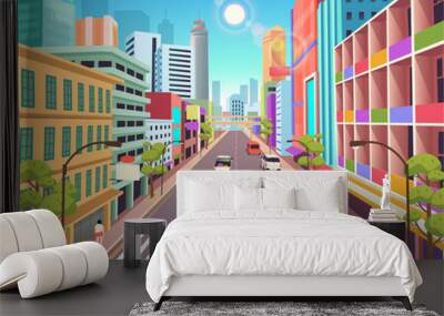 Сity building houses with shops.Vector illustration in cartoon style.Urban skyscraper buildings view modern cityscape.Perspective road  with zebra crossing. Wall mural