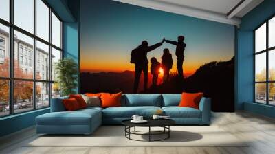 family with kids travel in sunset mountains, parenting concept Wall mural