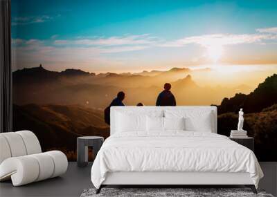 Father with kids travel in sunset mountains Wall mural