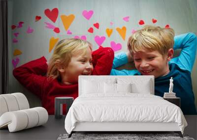 happy cute boy and girl play with hearts from paper, valentine day Wall mural