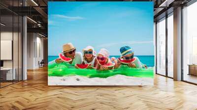 happy father and kids eating watermelon at beach, family enjoy vacation Wall mural