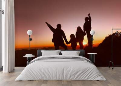 happy father with kids travel in sunset mountains Wall mural