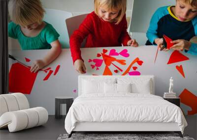 kids making hearts from paper, prepare for valentine day Wall mural