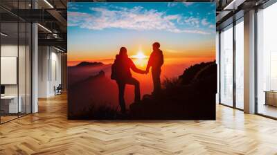 mother and son travel in mountains at sunset, family hiking in nature Wall mural