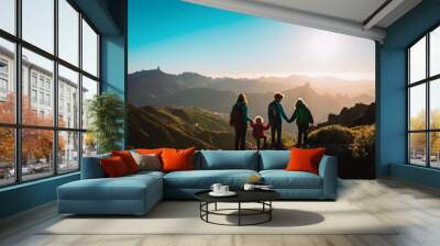 mother with kids travel in mountains, family hiking Wall mural