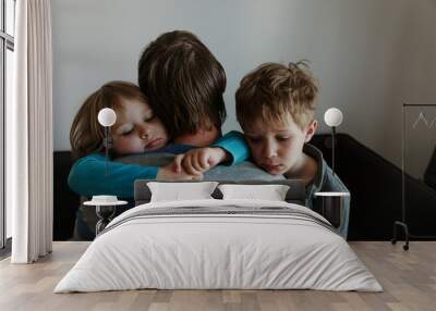 sad little boy and girl hugging father, family in sorrow Wall mural