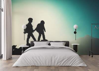 Silhouettes of little boy and girl hiking at sunset Wall mural