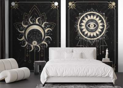 Vector dark illustrations with sacred geometry symbols, grunge textures and frames. Images in black, white and gold. Wall mural