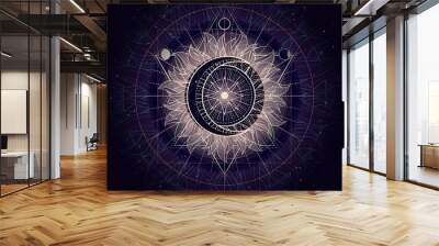 Vector illustration of Sacred geometry symbol on abstract background. Image in purple color.  Wall mural