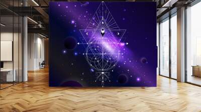 Vector illustration of Sacred or mystic symbol against the space background with galaxy and stars. Abstract geometric sign drawn in lines. Multicolored. Wall mural