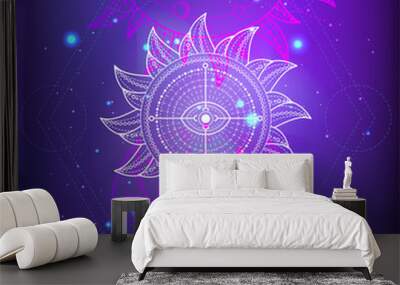 Vector illustration of Sacred or mystic symbol on abstract background. Geometric sign drawn in lines. Purple and pink color. Wall mural