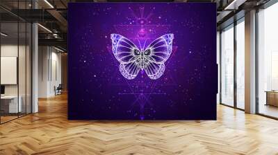 Vector illustration with hand drawn butterfly and Sacred geometric symbol against night starry sky. Abstract mystic sign. Wall mural