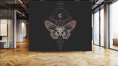 Vector illustration with hand drawn butterfly and Sacred geometric symbol on black vintage background. Abstract mystic sign. Wall mural