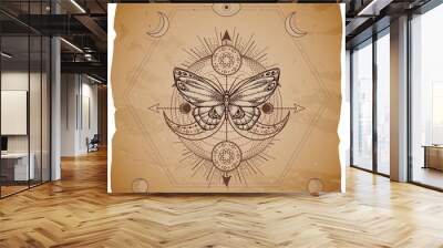 Vector illustration with hand drawn butterfly and Sacred geometric symbol on old paper background with torn edges. Abstract mystic sign. Sepia linear shape. Wall mural