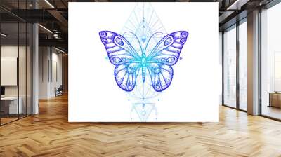 Vector illustration with hand drawn butterfly and Sacred geometric symbol on white background. Abstract mystic sign. Wall mural