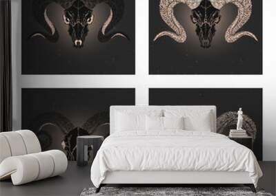 Vector set of four illustrations with hand drawn black silhouettes skulls rams with gold elements on dark background. Wall mural