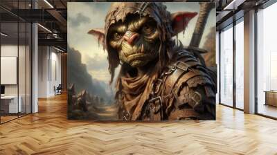 Goblin raider wielding scimitar in ragged leather armor. fantasy character  Wall mural