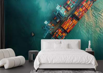 Container ship at industrial port in import export business logistic and transportation, Aerial view container loading cargo freight ship, Container ship loading and unloading in deep sea port. Wall mural