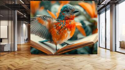   A bird perches atop an open book amidst a sunlit array of orange and green blossoms Wall mural