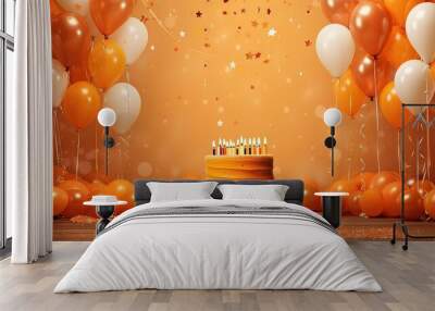  a birthday cake with lit candles surrounded by orange and white balloons.  generative ai Wall mural