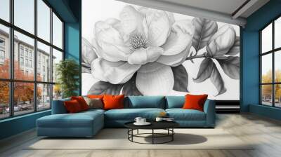  a black and white drawing of a flower and two pencils on a sheet of paper with a drawing of a flower and two leaves on top of a sheet of paper. Wall mural