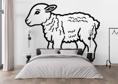  A black and white illustration of a sheep wearing two tags on its ears Wall mural