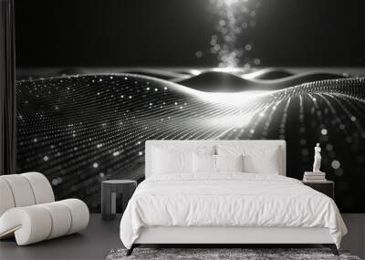  A black and white photo of a wave with two bright lights emanating from its top Wall mural