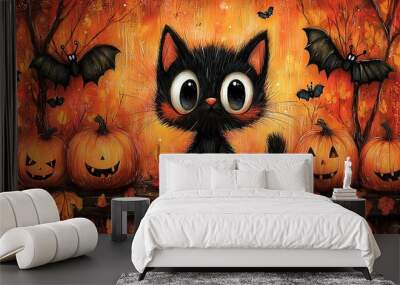   A black cat painted amidst pumpkins, with bats flying above them Wall mural