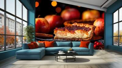   A black plate holds a slice of pie, while two red apples and cinnamon sit nearby on the table Wall mural