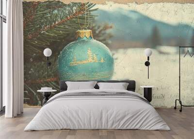  A blue Christmas ornament on a pine tree amidst a snowy mountain background Wall mural