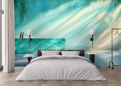   A box of blue and green hues, adorned with two pencils, is nestled amidst a lush palm tree backdrop Wall mural