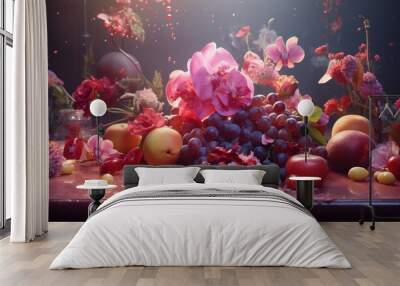  a bunch of fruit and flowers on a table with a dark background.  generative ai Wall mural