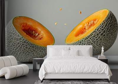   A cantaloupe cut into two halves, with a bite taken out of one Wall mural