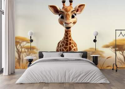  a cartoon giraffe standing in the middle of a field of tall grass with trees in the back ground. Wall mural