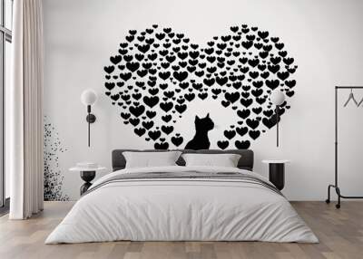  a cat sitting in front of a heart of hearts with a cat in the middle of it, surrounded by smaller hearts, on a white background with black splats of black dots., generative ai Wall mural