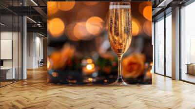   A champagne glass perched atop a table, surrounded by flickering candles in a dimly lit room Wall mural