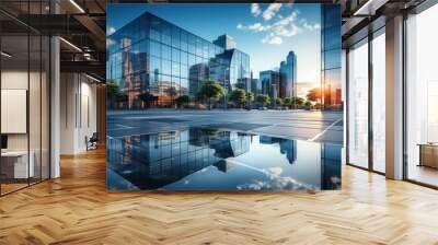  a city with a lot of tall buildings and a reflecting pool of water in the middle of the street in front of it is a blue sky with white clouds. Wall mural